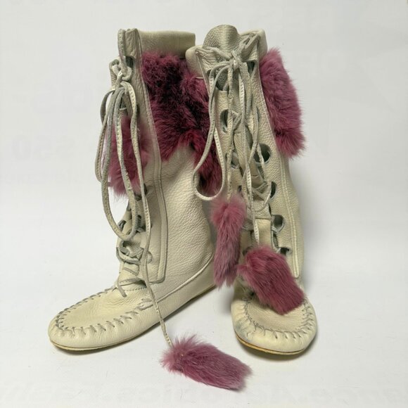 High Top White Leather Moccasins with Rabbit Fur & Pom Poms – Made in Canada – W - Picture 4 of 8